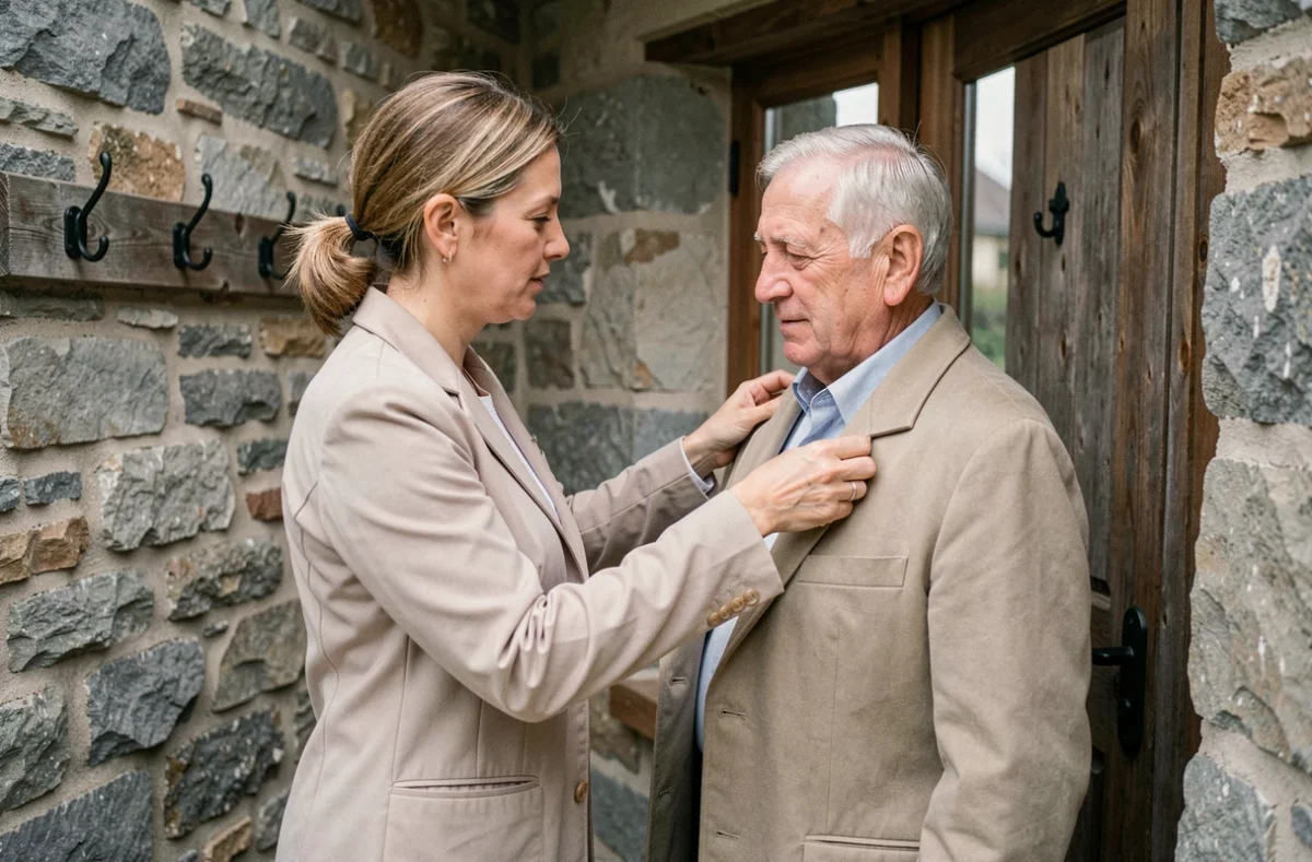 Une aide à domicile AAPA Criquetot-l'Esneval aidant un senior à enfiler son manteau dans l'entrée d'une maison en pierre