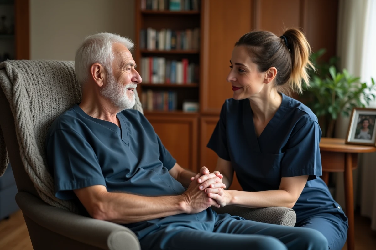 Soignante tenant la main d'un patient âgé à domicile, accompagnement en fin de vie