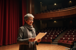 Actrice souriante sur scène de théâtre vide