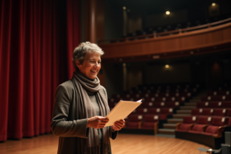 Actrice souriante sur scène de théâtre vide