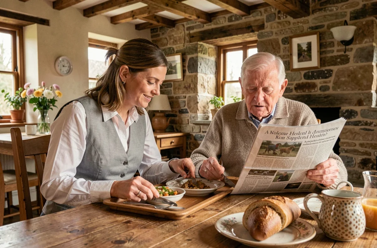 Une intervenante d'AD Séniors Normandie-Est aidant un homme âgé lors d'un repas dans une maison normande