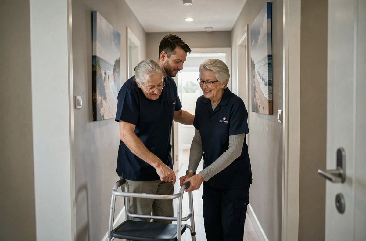 Un aide à domicile ADHAP Services Le Havre accompagnant une senior dans un couloir d'appartement
