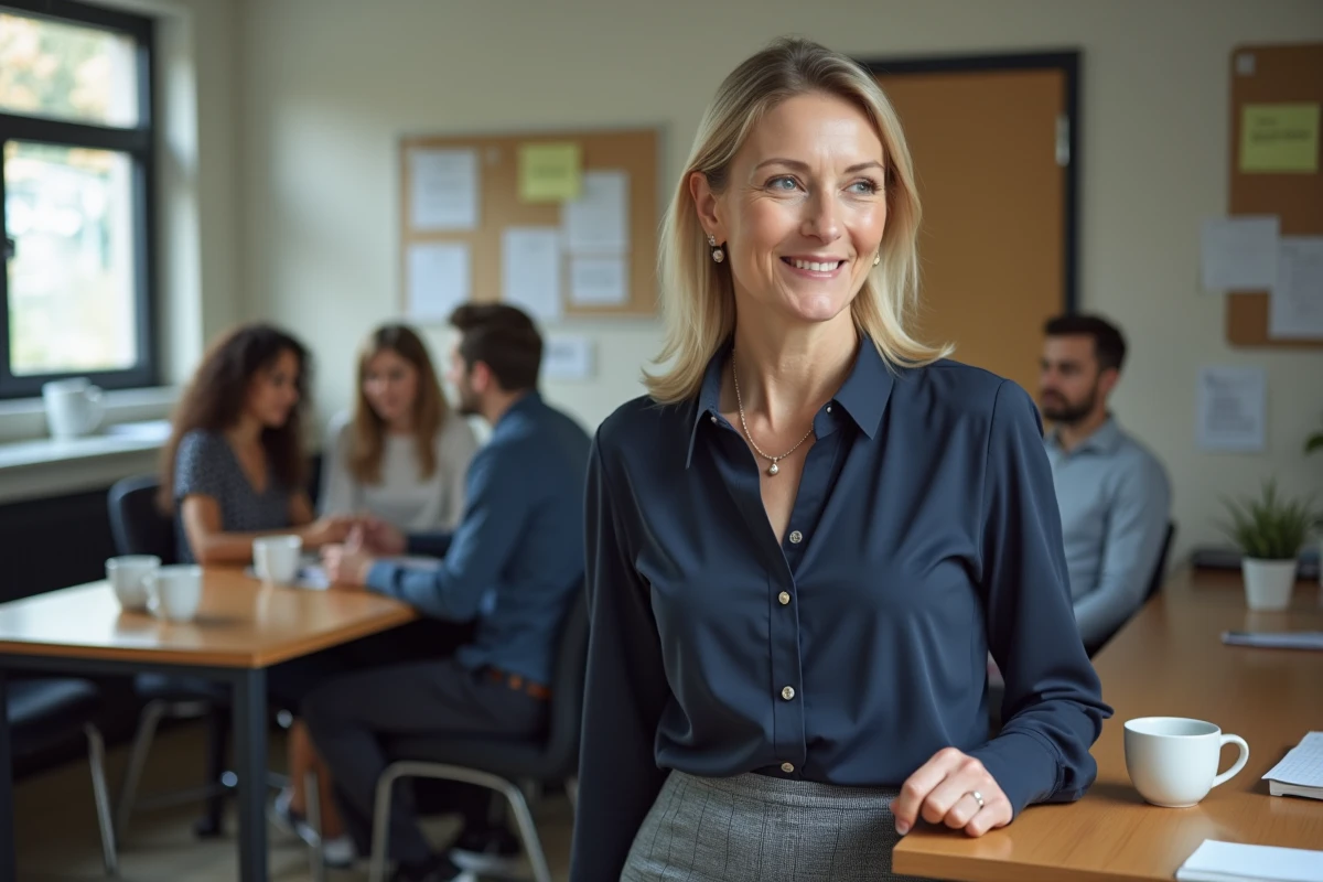 Femme souriante dans la salle de pause avec collègues