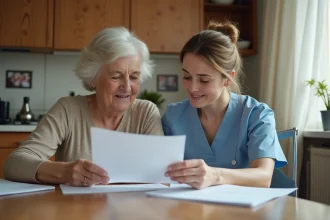 Aide à domicile ADMR expliquant les tarifs horaires et le crédit d'impôt à une personne âgée autour d'une table