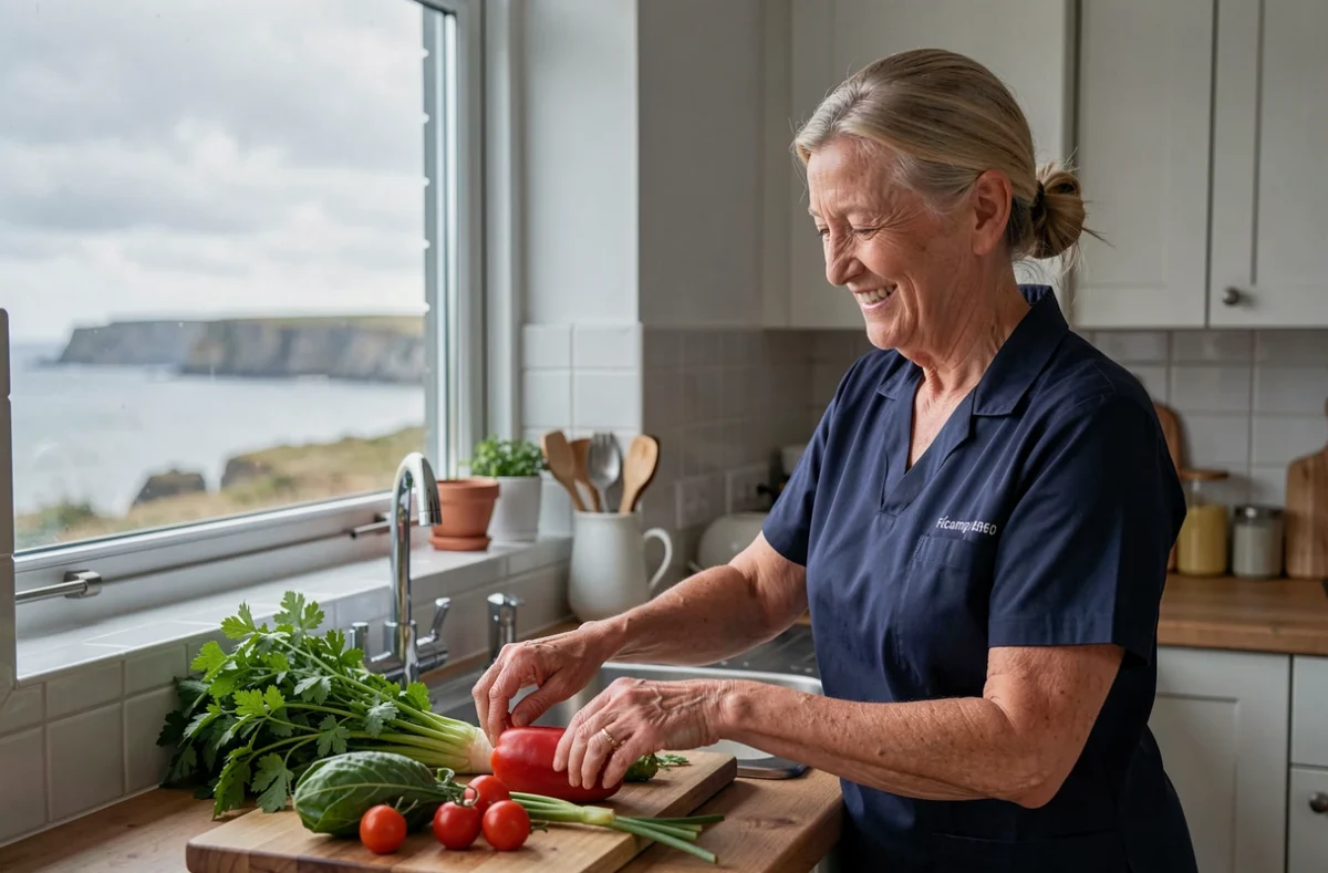 Une aide à domicile de l'ADMR Fécamp préparant des légumes avec une personne âgée dans une cuisine normande