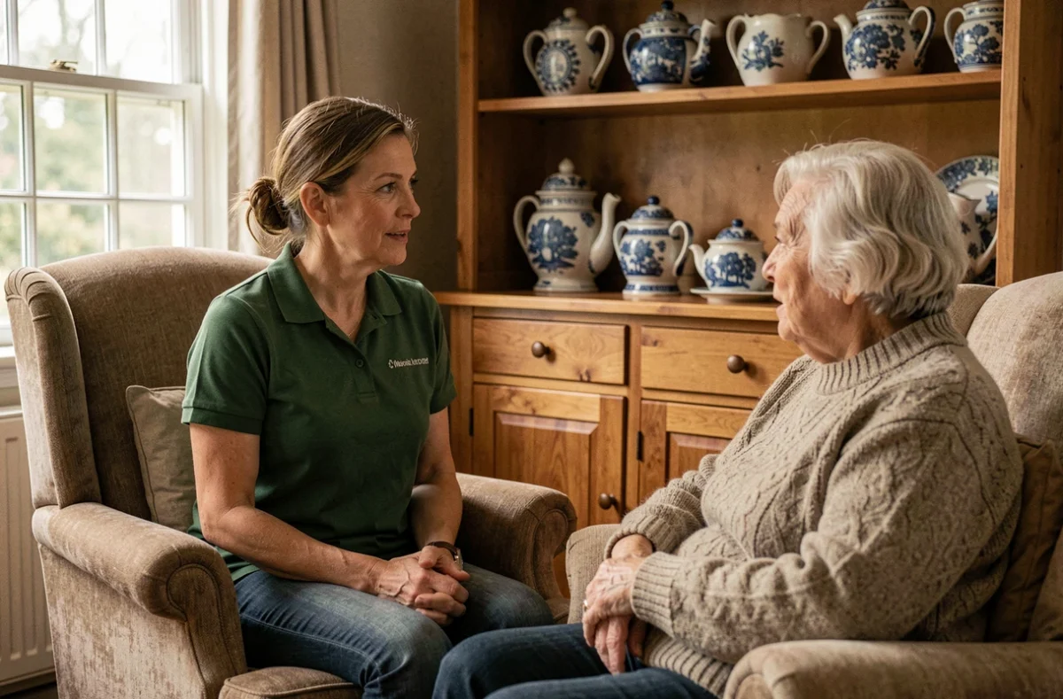 Une intervenante ADMR Montville en conversation bienveillante avec une personne âgée dans un salon rural normand