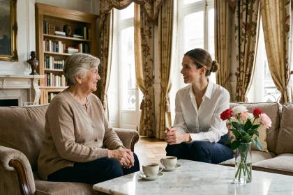 Aide à domicile senior discutant avec une dame âgée élégante dans un appartement parisien haussmannien raffiné