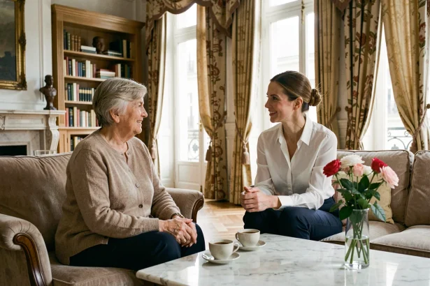 Aide à domicile senior discutant avec une dame âgée élégante dans un appartement parisien haussmannien raffiné