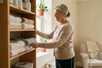 Aide à domicile senior organisant des affaires ménagères dans un intérieur confortable pour réduire la charge mentale des aidants