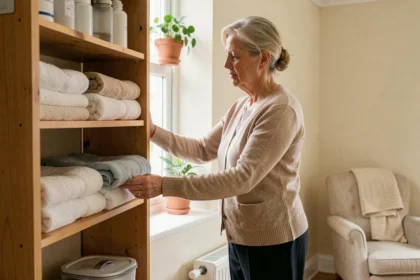 Aide à domicile senior organisant des affaires ménagères dans un intérieur confortable pour réduire la charge mentale des aidants
