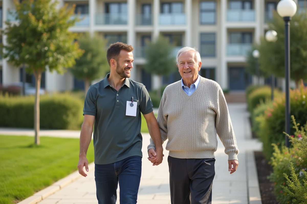 Jeune homme aide un senior à marcher dans le jardin