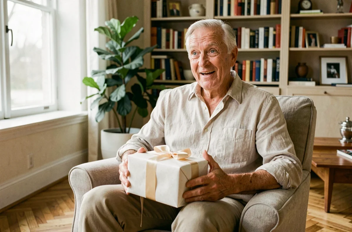 Homme de 70 ans découvrant son cadeau d'anniversaire avec une expression sincère de surprise et de bonheur