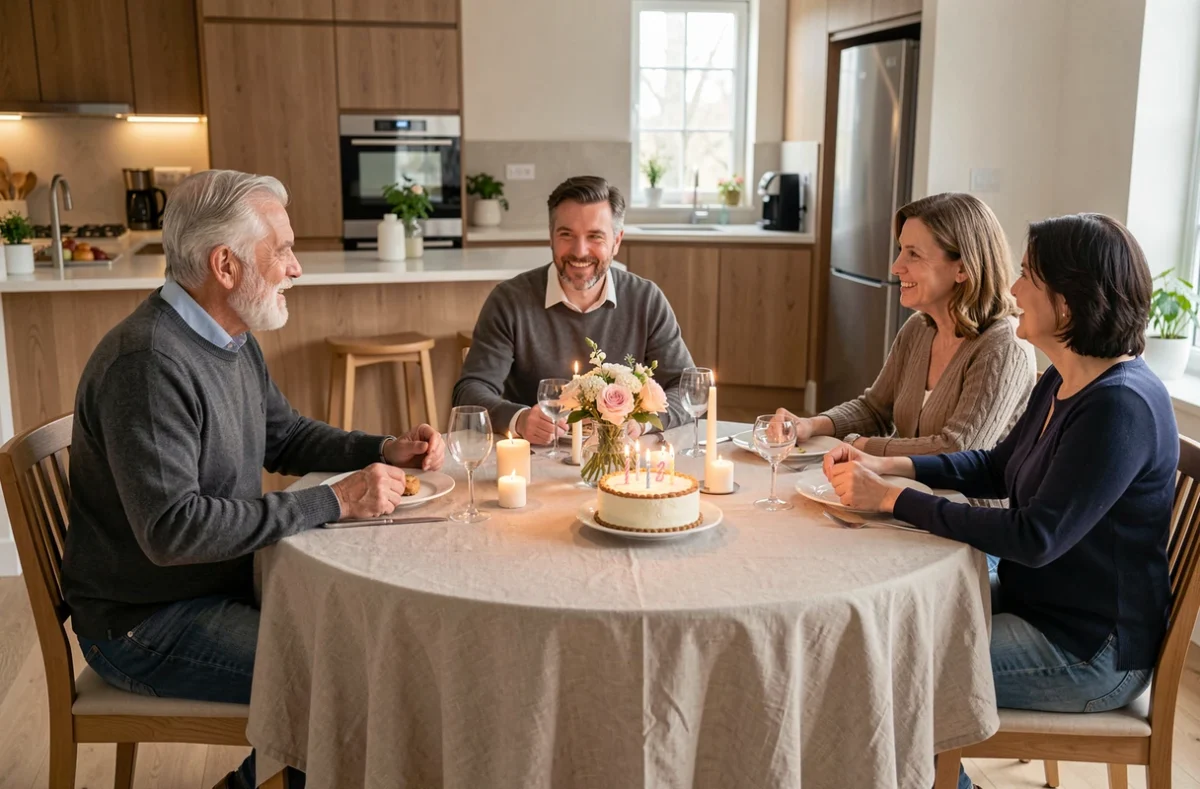 Dîner d'anniversaire intime pour les 70 ans d'un homme entouré de sa famille autour d'une table élégante