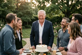 Homme de 70 ans entouré d'amis lors d'un anniversaire élégant en jardin, ambiance authentique et détendue