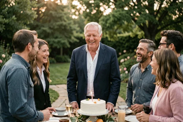 Homme de 70 ans entouré d'amis lors d'un anniversaire élégant en jardin, ambiance authentique et détendue