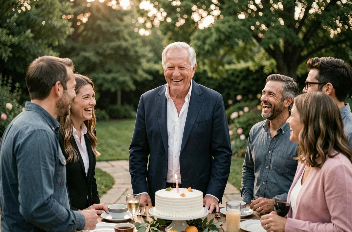 Homme de 70 ans entouré d'amis lors d'un anniversaire élégant en jardin, ambiance authentique et détendue
