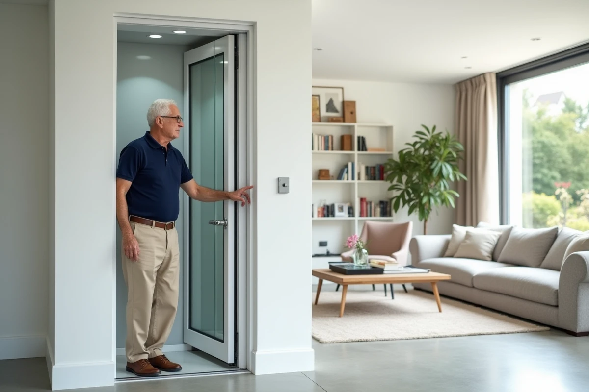 Ascenseur traversant avec parois en verre dans le salon d'une maison moderne accessible aux personnes à mobilité réduite