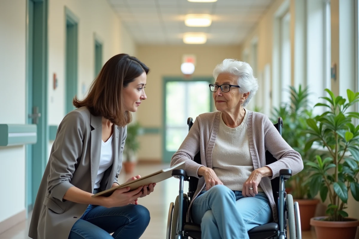 Travailleuse sociale discutant avec une résidente en fauteuil roulant dans un couloir d'EHPAD, illustration du respect de la volonté de la personne protégée