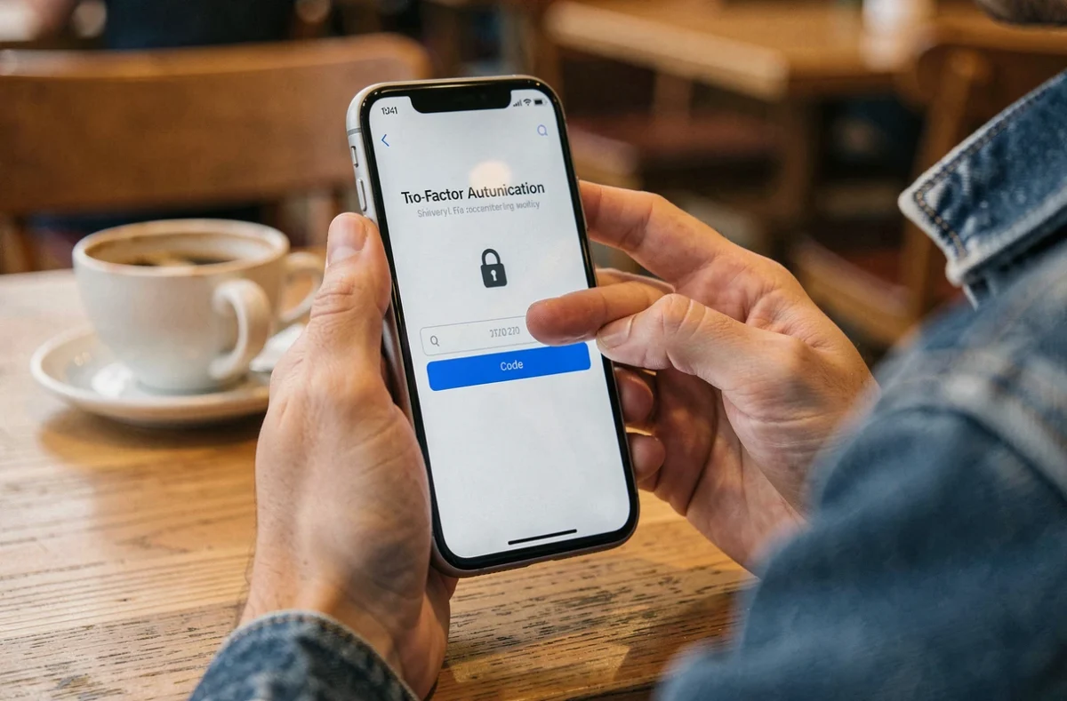 Gros plan de mains tenant un smartphone affichant une page d'authentification à deux facteurs pour débloquer un compte LogisFil, dans un café