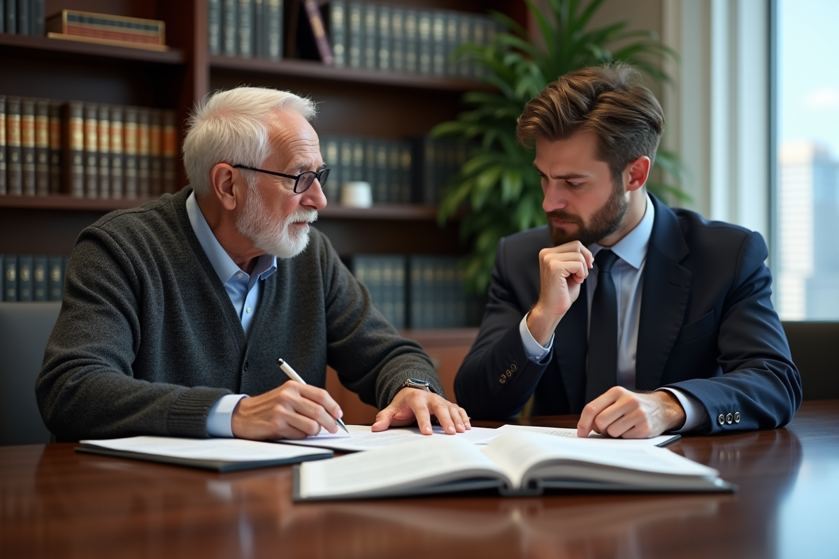 Jeune avocat expliquant des documents à un senior dans un bureau
