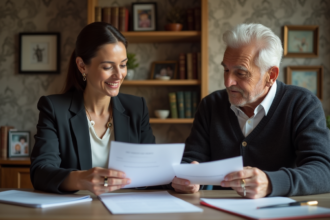 Femme en blazer explique documents à un homme âgé