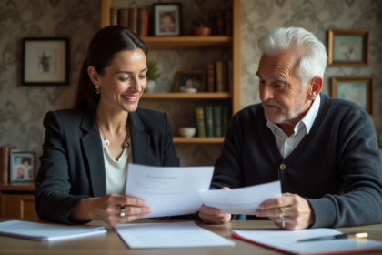 Femme en blazer explique documents à un homme âgé