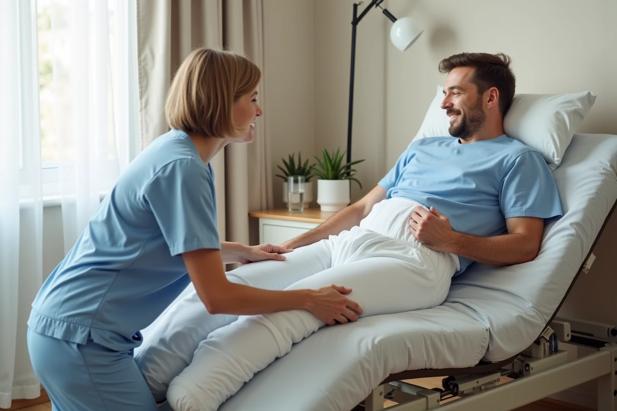 Soignante aidant un adulte portant un babygro adaptatif à ouverture pression pour changer une protection dans une chambre de soins