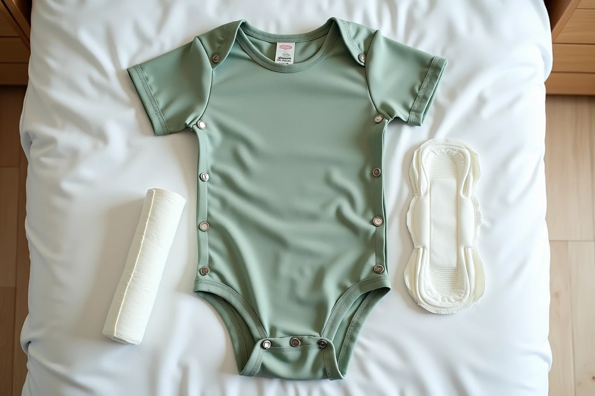 Babygro adulte en coton sage green avec boutons pression ouverts pour changer une protection incontinence, vue à plat sur fond blanc