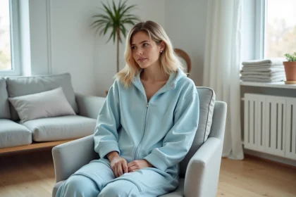 Jeune femme adulte portant un babygro adapté avec fermetures à pression, assise dans un salon scandinave lumineux