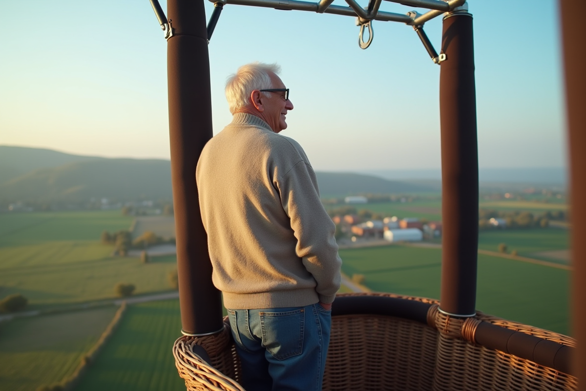 Homme âgé en montgolfière profitant d