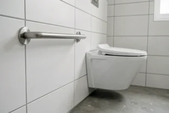 Barre de maintien PMR horizontale en acier inoxydable fixée à côté d'une cuvette WC suspendue dans une salle de bain accessible aux normes