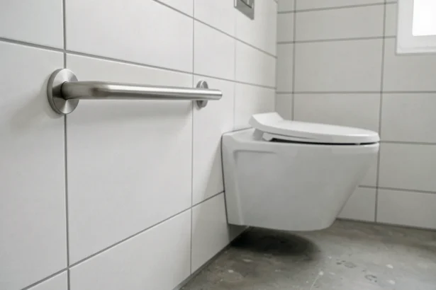 Barre de maintien PMR horizontale en acier inoxydable fixée à côté d'une cuvette WC suspendue dans une salle de bain accessible aux normes