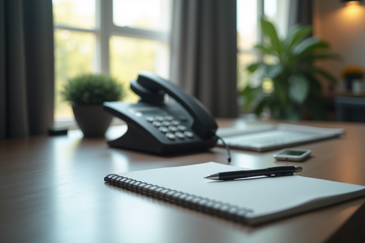 Bureau minimaliste avec téléphone simple et bloc-notes lumineux