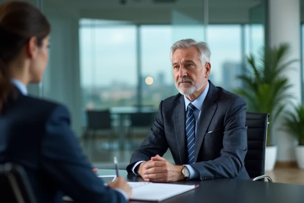 Cadre senior en entretien d'embauche face à des recruteurs dans un bureau moderne
