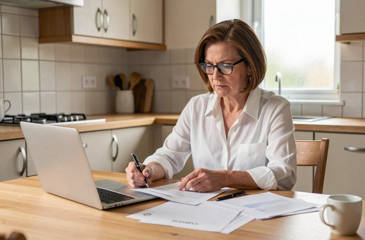 Femme calculant son préavis de retraite avec des documents officiels à la maison