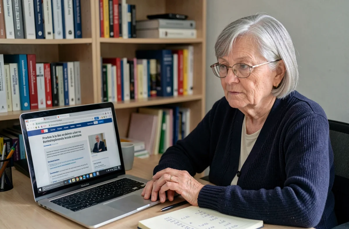 Femme retraitée ancienne aide-soignante calculant sa pension de retraite anticipée sur ordinateur