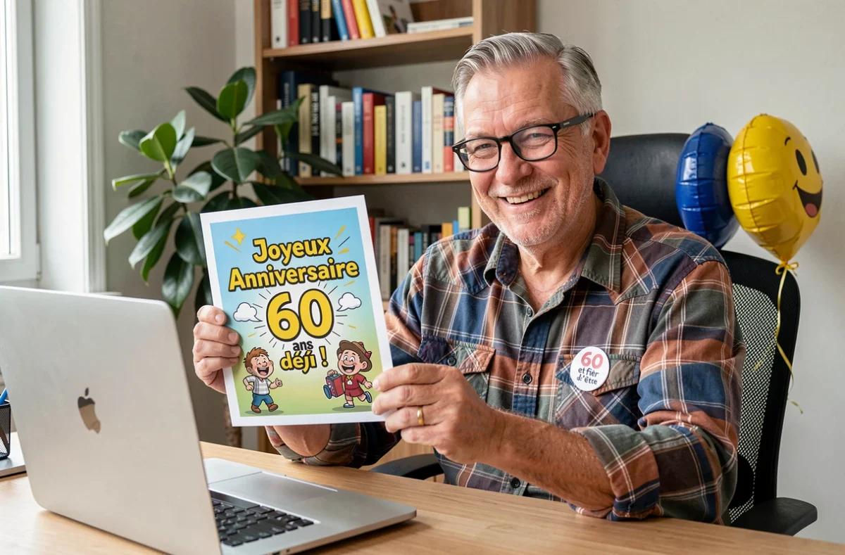 Homme de 60 ans avec lunettes regardant une carte virtuelle d'anniversaire humoristique sur son ordinateur portable dans un bureau à domicile