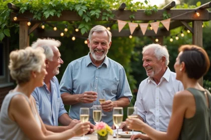 Groupe d'amis proches portant un toast en plein air pour célébrer le départ en retraite d'un ami
