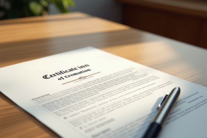 Document officiel certificat de cremation sur un bureau