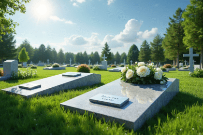 Cimetière bien entretenu avec tombes en granit et fleurs vertes