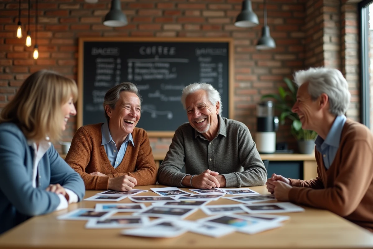 Collègues réunis autour d'une table partageant des souvenirs et des photos pour rédiger un message de retraite