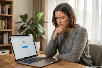 Femme frustrée devant un écran d'ordinateur affichant un message d'erreur de connexion avec une icône cadenas, illustrant un compte LogisFil bloqué