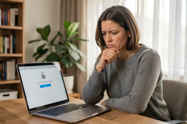 Femme frustrée devant un écran d'ordinateur affichant un message d'erreur de connexion avec une icône cadenas, illustrant un compte LogisFil bloqué