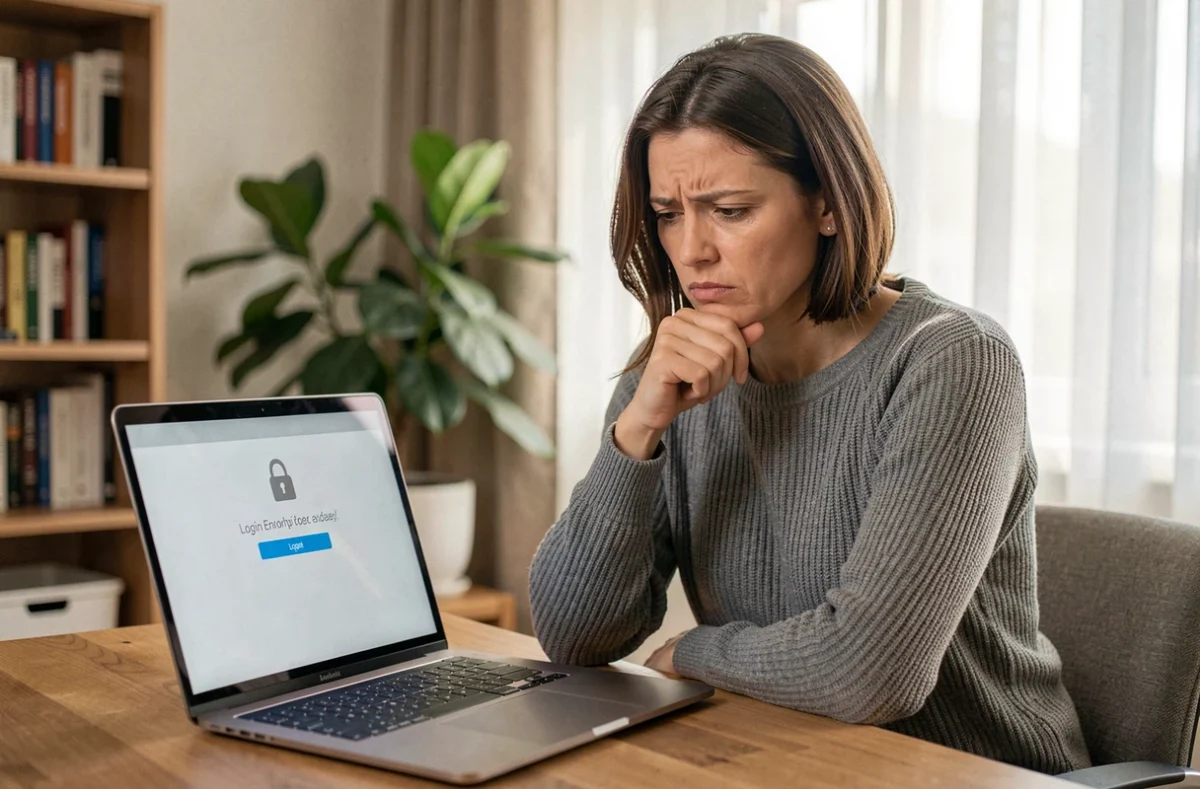 Femme frustrée devant un écran d'ordinateur affichant un message d'erreur de connexion avec une icône cadenas, illustrant un compte LogisFil bloqué