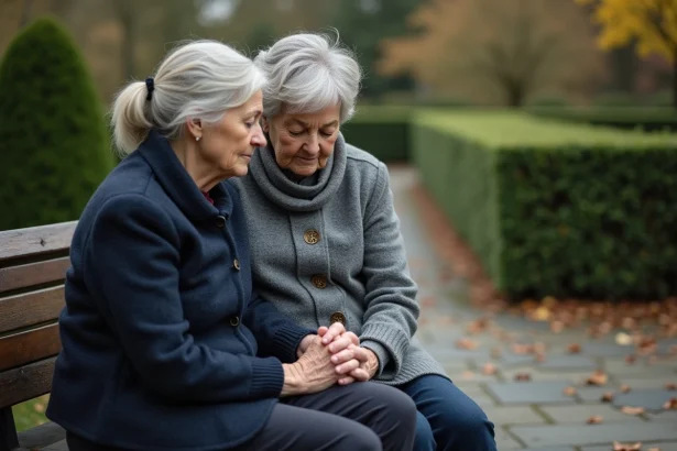 Deux femmes âgées assises côte à côte dans un jardin d'automne, se tenant la main en signe de réconfort après un deuil