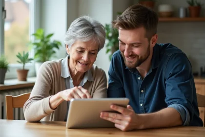 Une femme âgée et son aidant configurent ensemble une application sur tablette dans une cuisine familiale