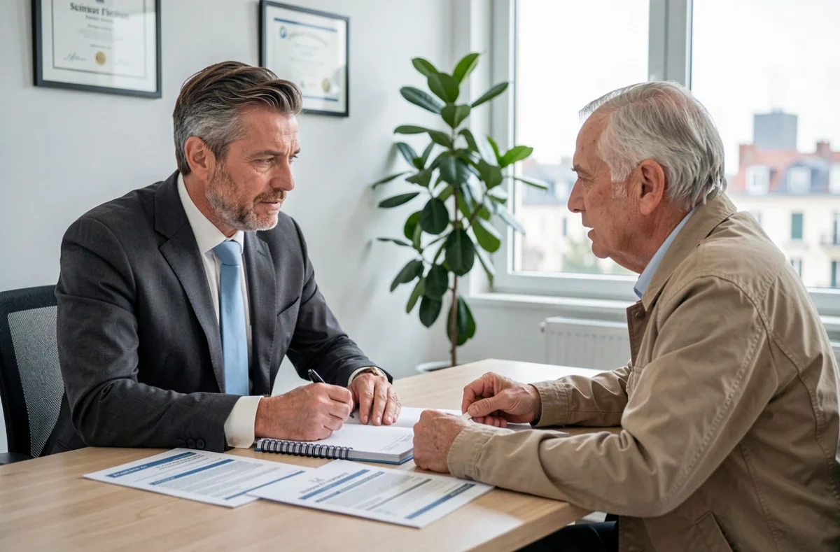 Conseiller financier expliquant l'augmentation Agirc-Arrco 2026 à un retraité
