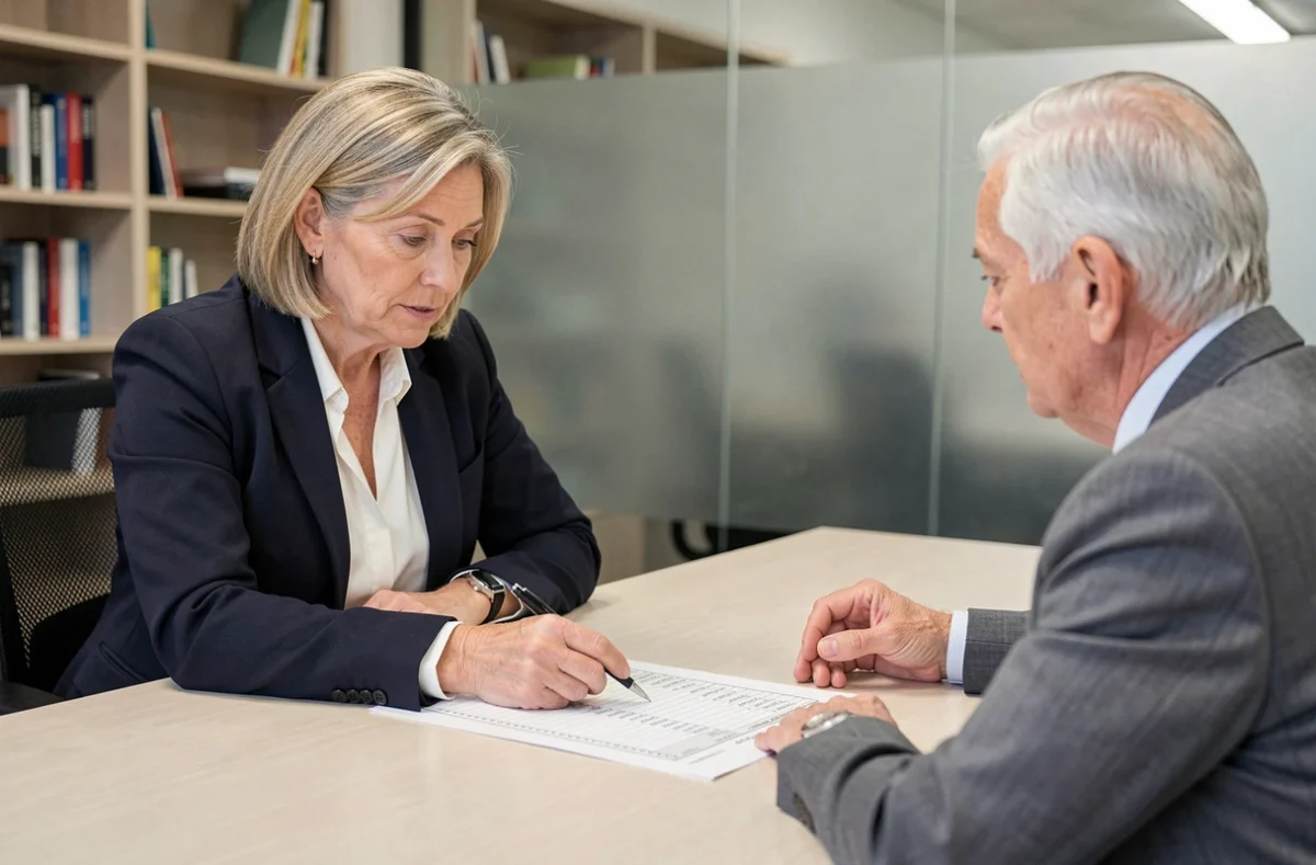 Conseillère fiscale expliquant l'impact de la suppression de l'abattement de 10% à un retraité en cabinet