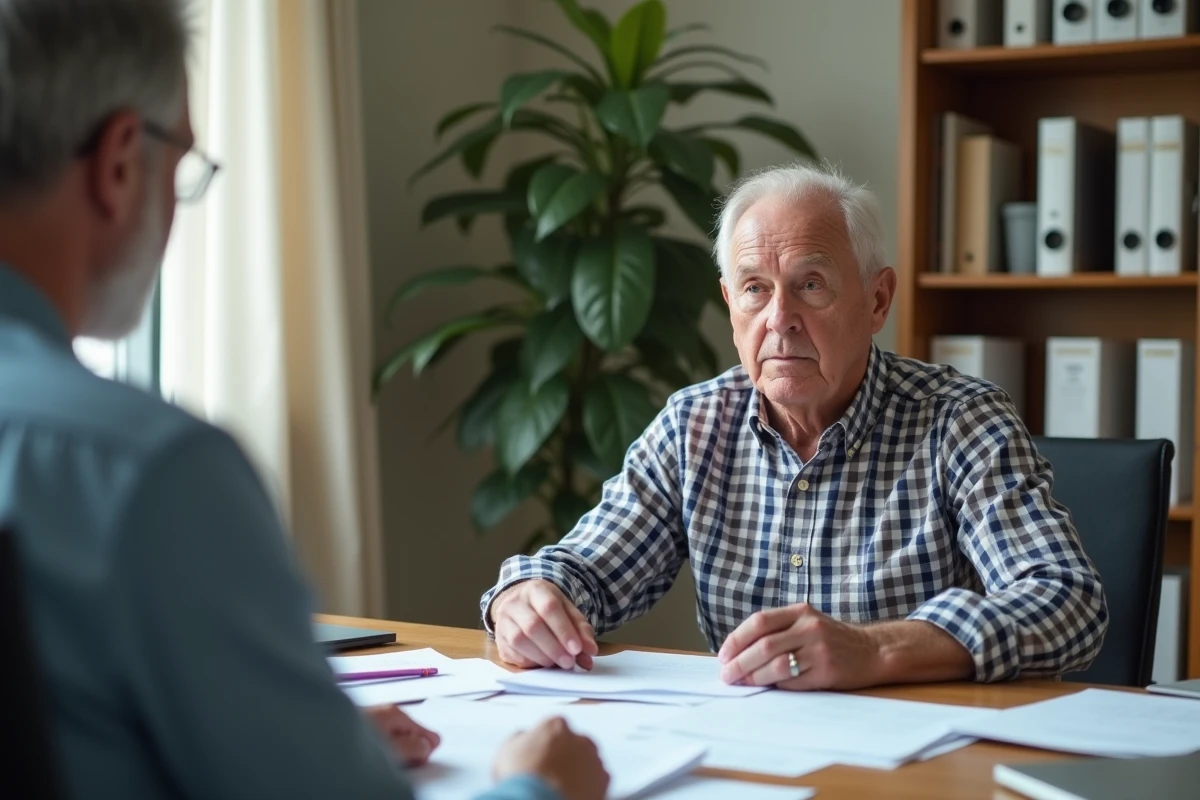Homme âgé en rendez-vous avec un conseiller financier pour comprendre les règles de l'ASPA et l'impact de son épargne sur un compte courant