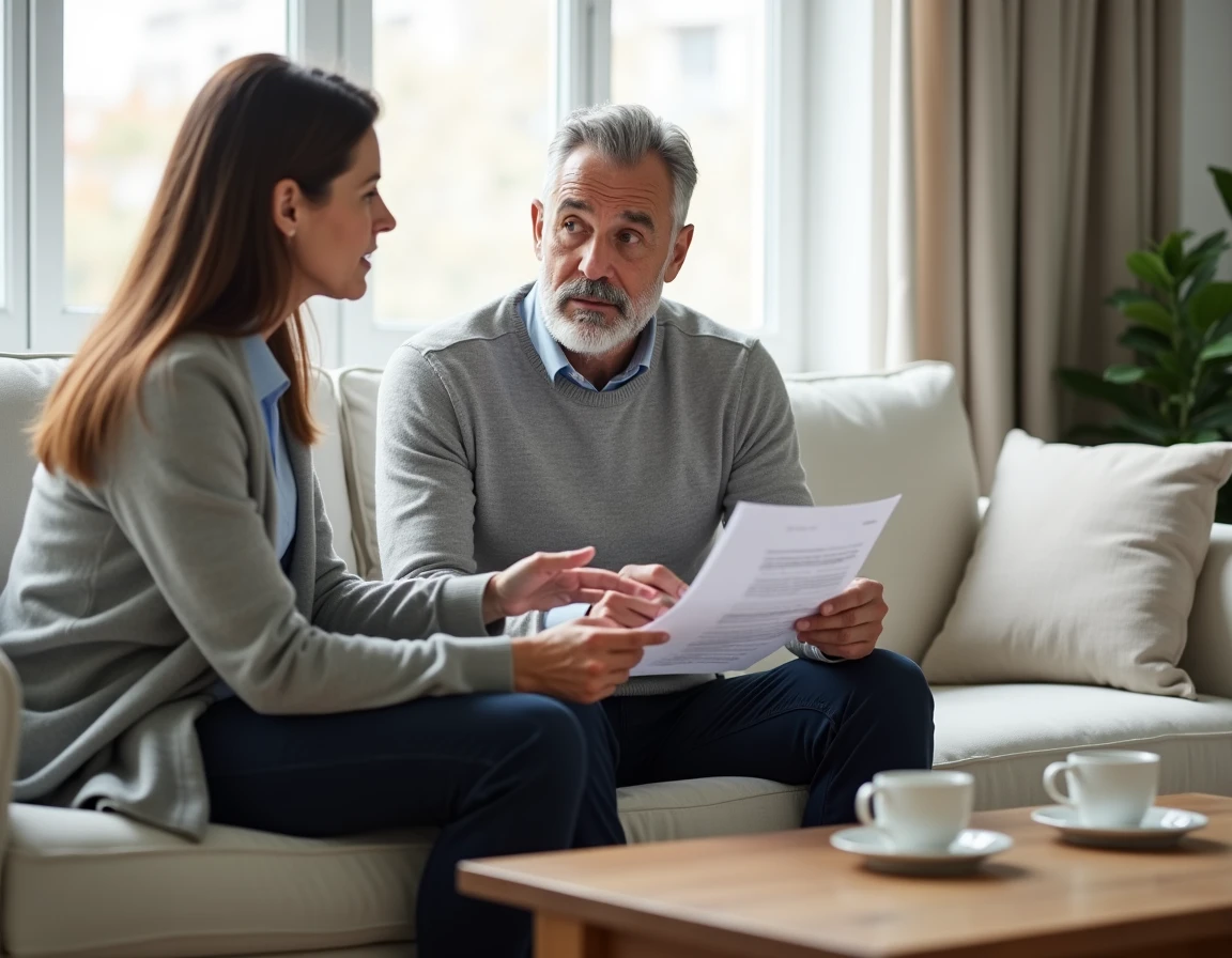 Homme senior consultant une avocate à domicile pour vérifier les pièges juridiques d'un contrat CDI avant signature